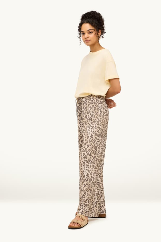 Dames - Pantalon - high waist - wide leg - luipaardvelprint - beige