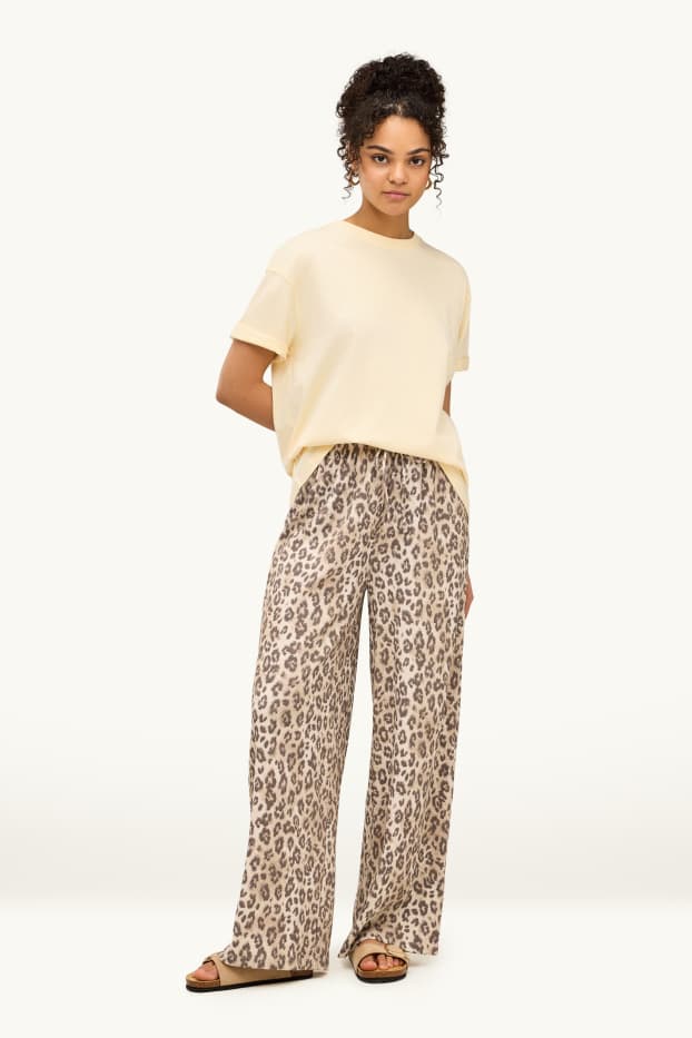 Dames - Pantalon - high waist - wide leg - luipaardvelprint - beige