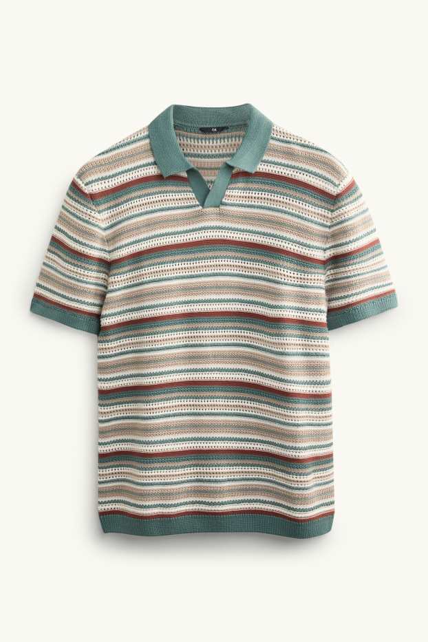 Heren - Gebreid poloshirt - regular fit - gestreept - met structuur - groen / beige