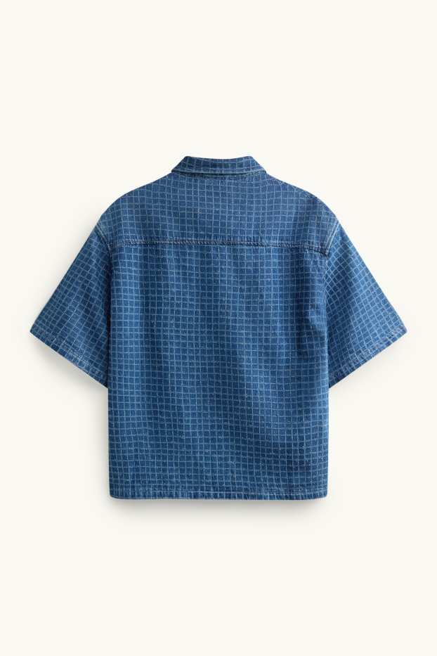 Men - Denim shirt - relaxed fit - kent collar - check - blue denim