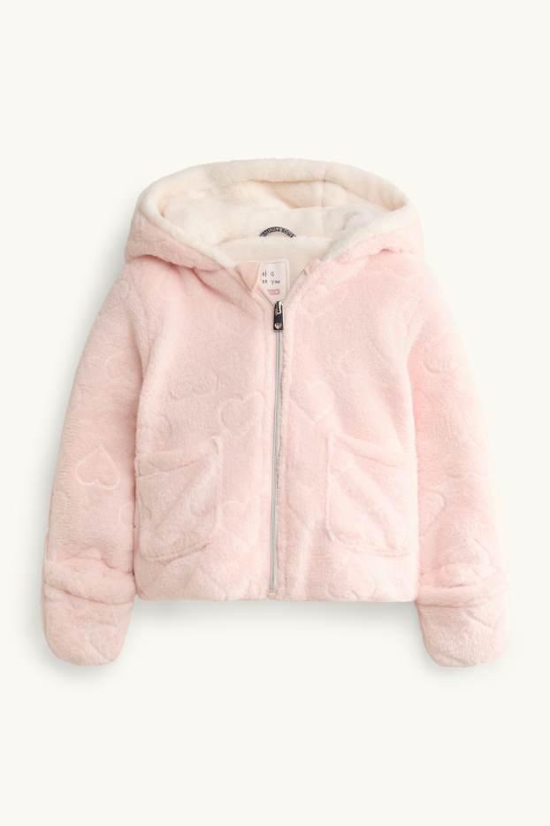 Baby Mädchen - Herzchen - Baby-Kunstfell-Jacke mit Kapuze     - rosa