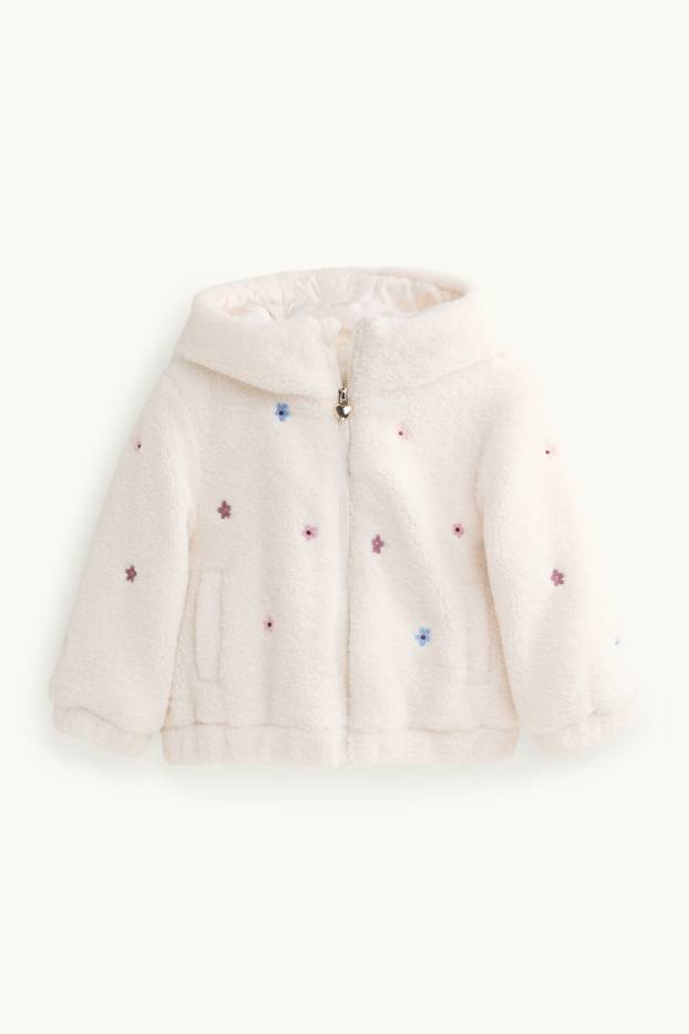 Bambine - Fiori - giacca effetto peluche con cappuccio - crema