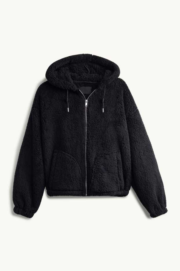 Damen - Teddy-Jacke mit Kapuze - schwarz