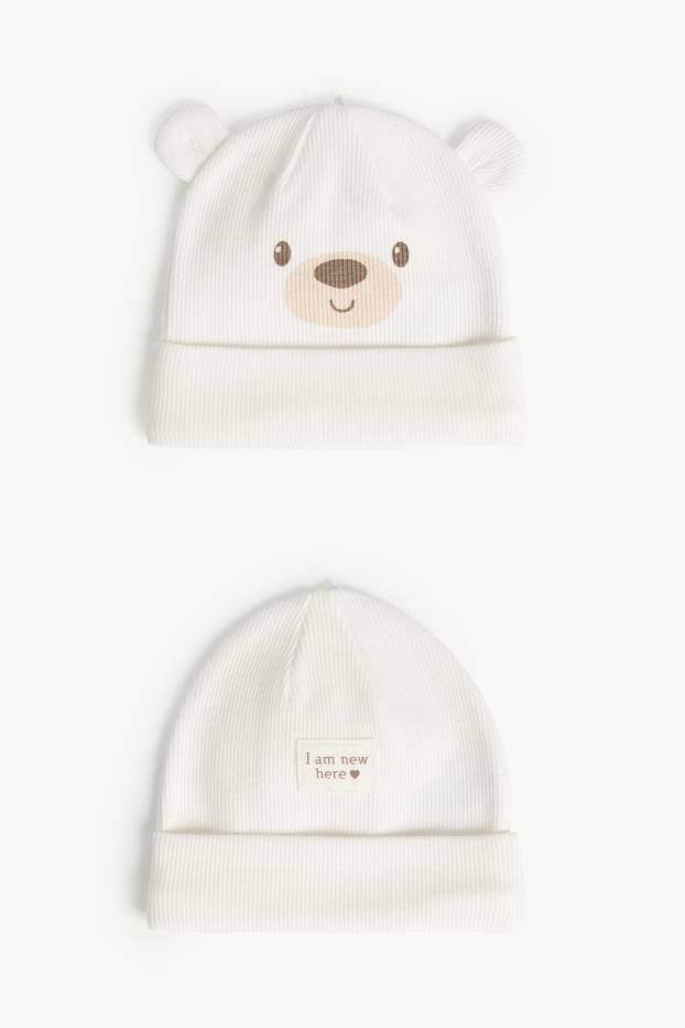 Unisexe - Lot de 2 - oursons - bonnet pour bébé - finition côtelée - blanc
