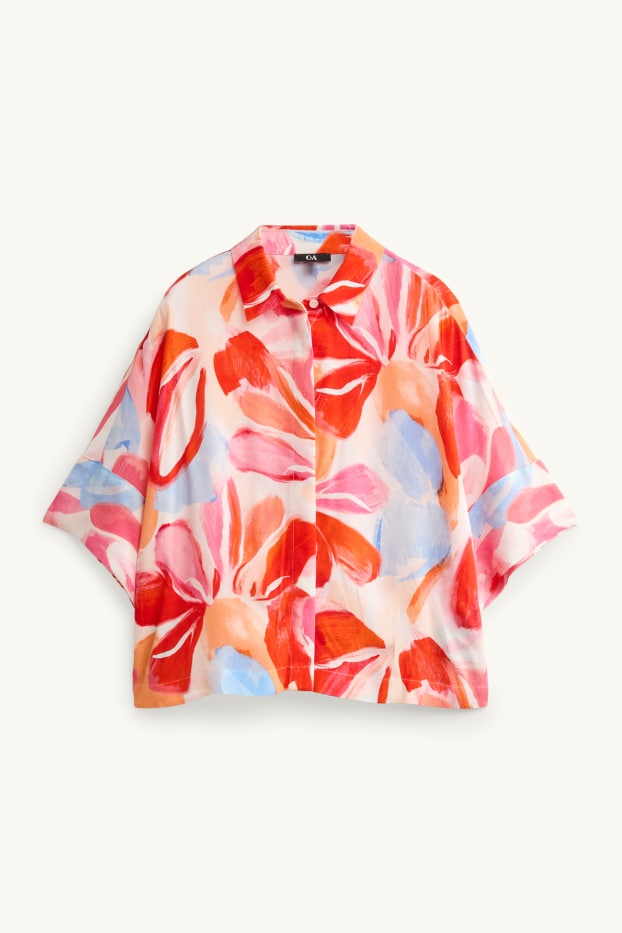 Dames - Blouse - gebloemd - rood / crème wit