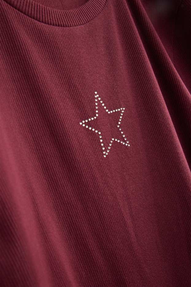 Kinder Mädchen - Stern - Kleid mit Strasssteinen - gerippt - dunkelrot