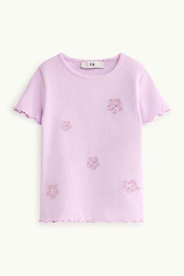 Kinder Mädchen - Blümchen - Kurzarmshirt - gerippt - lila