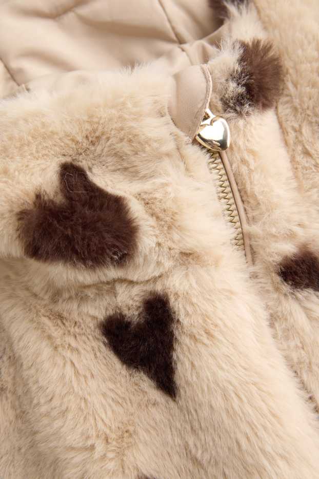 Bambine - Giacca con cappuccio in pelliccia sintetica - motivo cuore - marrone chiaro