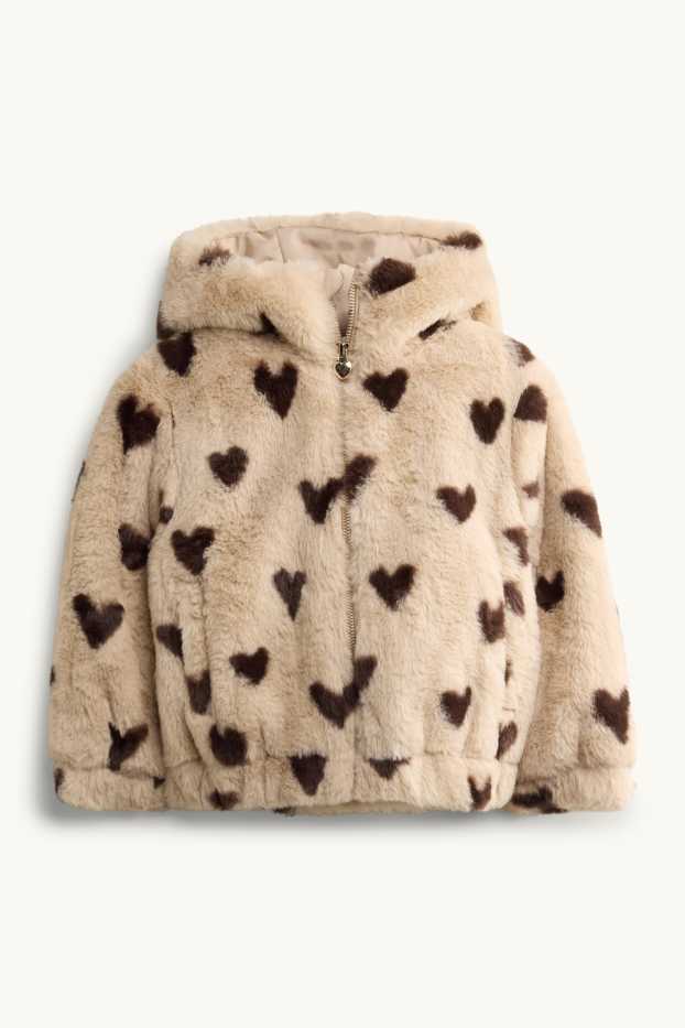 Bambine - Giacca con cappuccio in pelliccia sintetica - motivo cuore - marrone chiaro