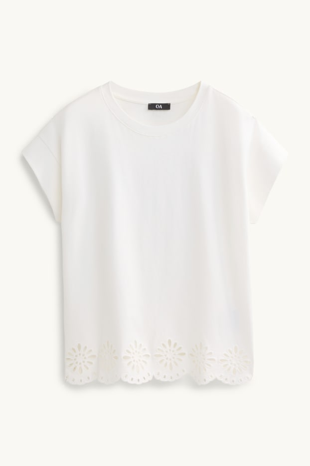 Damen - T-Shirt - Regular Fit - Broderie Anglaise - weiss