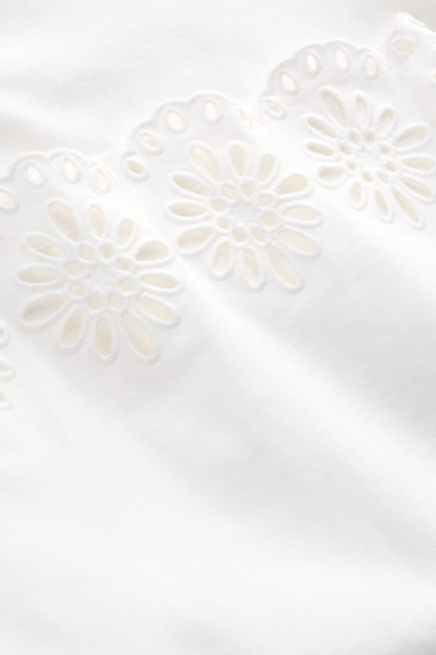 Damen - T-Shirt - Regular Fit - Broderie Anglaise - weiss