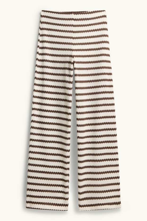Dámské - Pletené kalhoty - mid waist - wide leg - pruhované - hnědá / krémově bílá