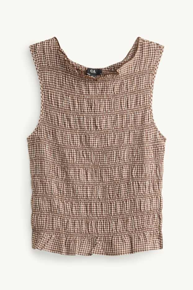 Dames - Top - geruit - gesmokt - bruin / beige
