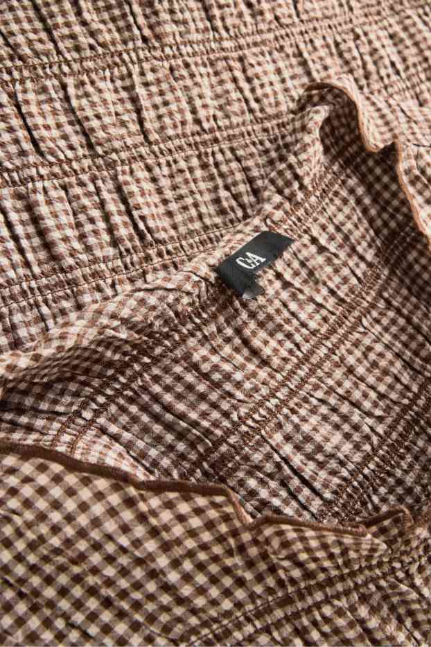 Dames - Top - geruit - gesmokt - bruin / beige