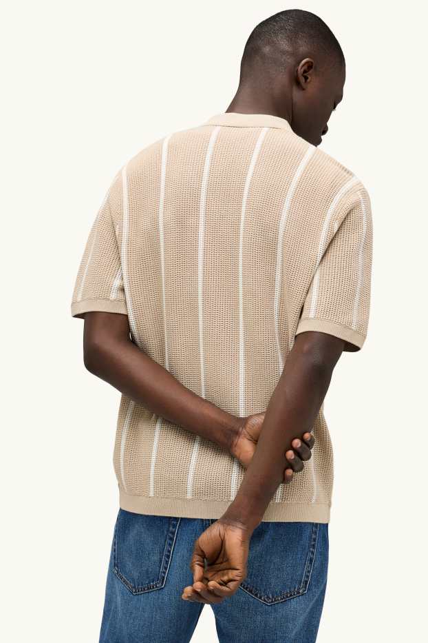 Bărbați - Cămașă tricotată - regular fit - guler cu rever - cu dungi - bej