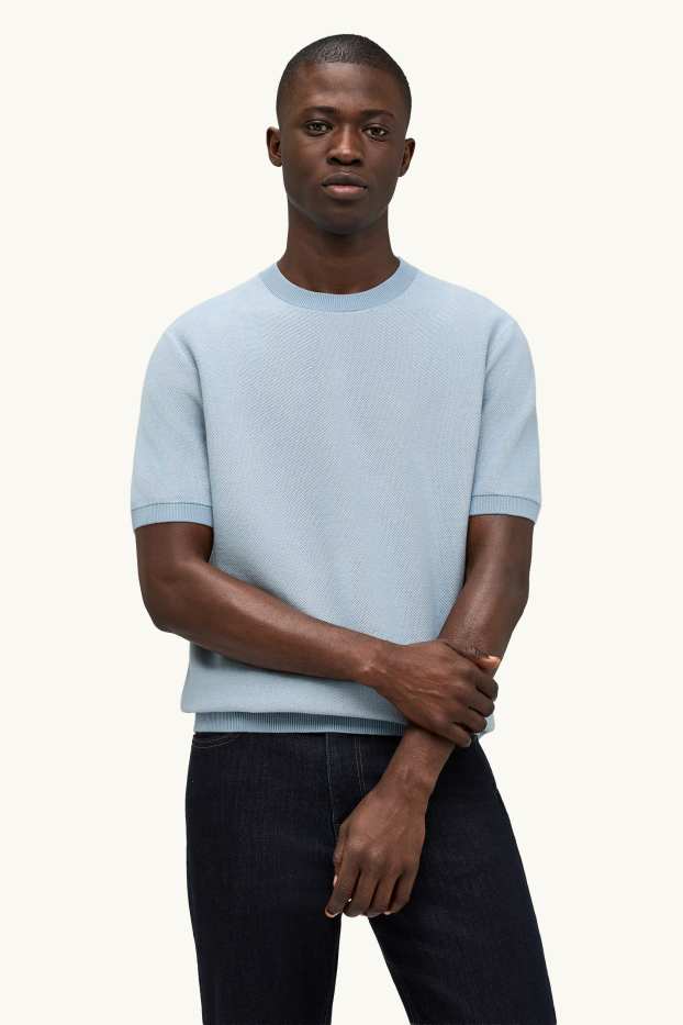 Bărbați - Pulover tricotat - mânecă scurtă - structurat - albastru