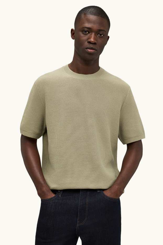 Heren - Gebreide trui - korte mouw - met structuur - kaki