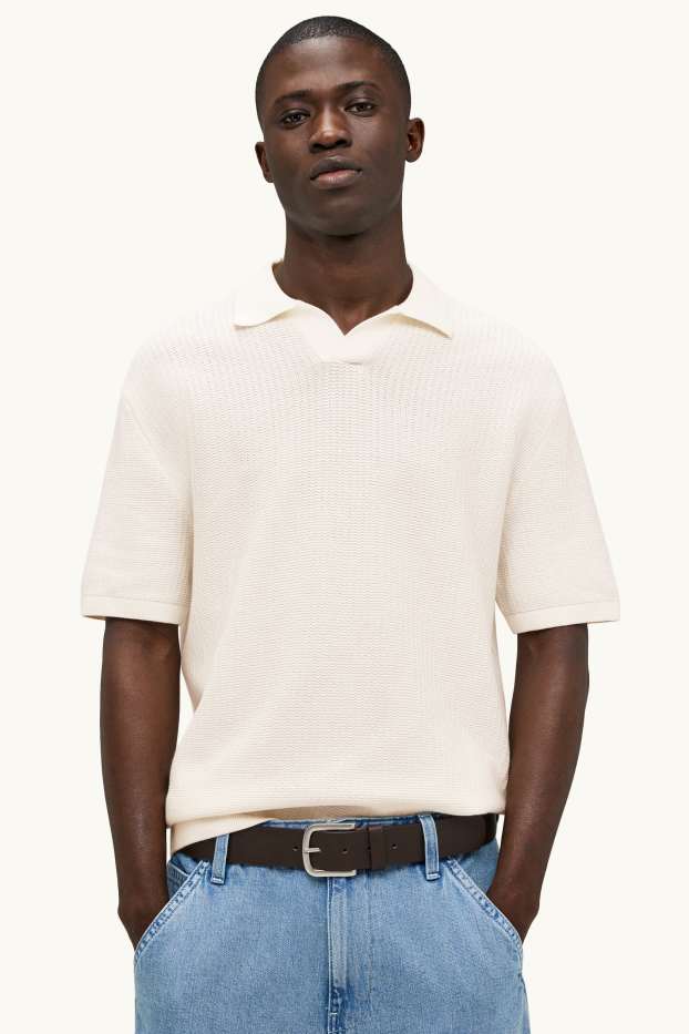 Bărbați - Tricou polo din tricot - relaxed fit - structurat - alb-crem