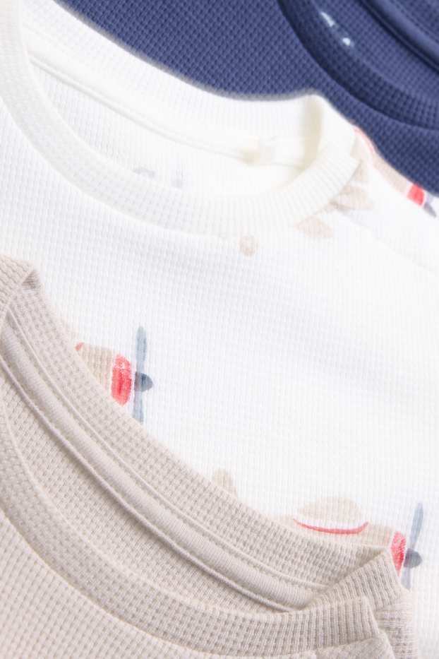 Baby: jongens - Set van 3 - vliegtuigje - baby-T-shirt - met structuur - donkerblauw / crème wit