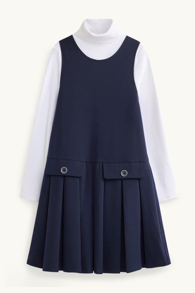 Kinderen: meisjes - Set - jurk en longsleeve - 2-delig - wit / blauw