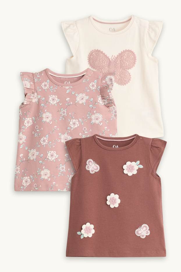 Neonate - Confezione da 3 - fiorellini - maglia a maniche corte per neonate - rosa scuro