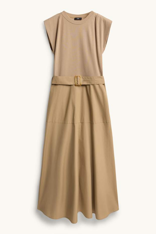 Dames - Fit & flare-jurk met ceintuur - lichtbruin