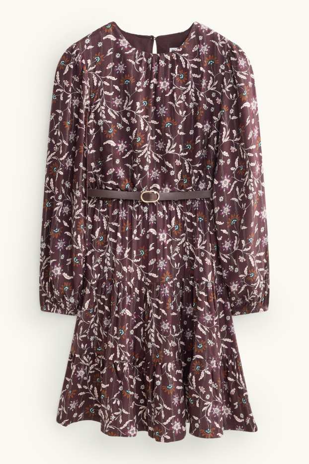Enfants filles - Fleur - robe avec ceinture - finition brillante - marron