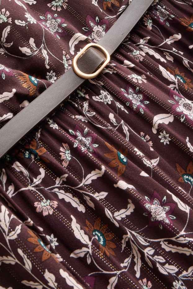 Enfants filles - Fleur - robe avec ceinture - finition brillante - marron