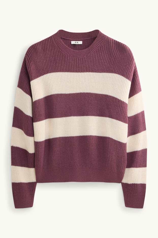 Damen - Pullover - gerippt - gestreift - beige / bordeaux
