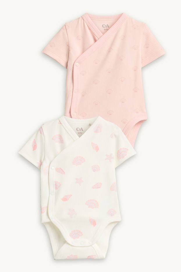 Bébés filles - Lot de 2 - coquillage - body croisé bébé - finition côtelée - blanc / rose
