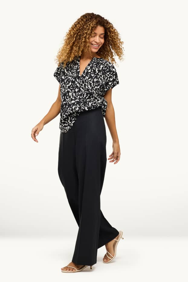 Damen - Stoffhose - High Waist - Wide Leg - Leinen-Mix - schwarz