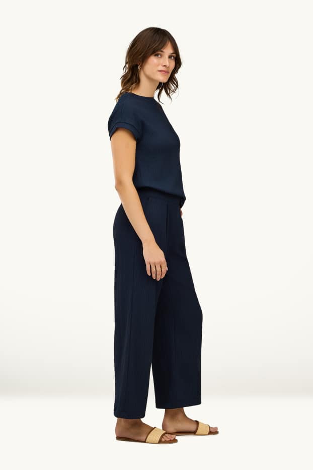 Femmes - Pantalon en toile - mid waist - wide leg - bleu foncé