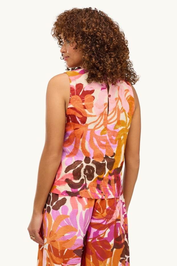 Damen - Leinenblusentop - geblümt - pink / orange