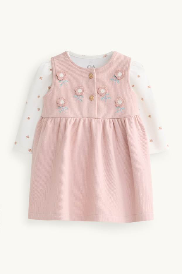 Baby: meisjes - Bloemetje - baby-outfit - 2-delig - wit / roze