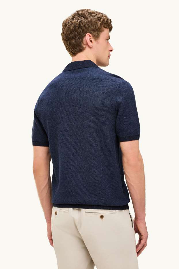 Heren - Gebreid poloshirt - regular fit - met structuur - donkerblauw