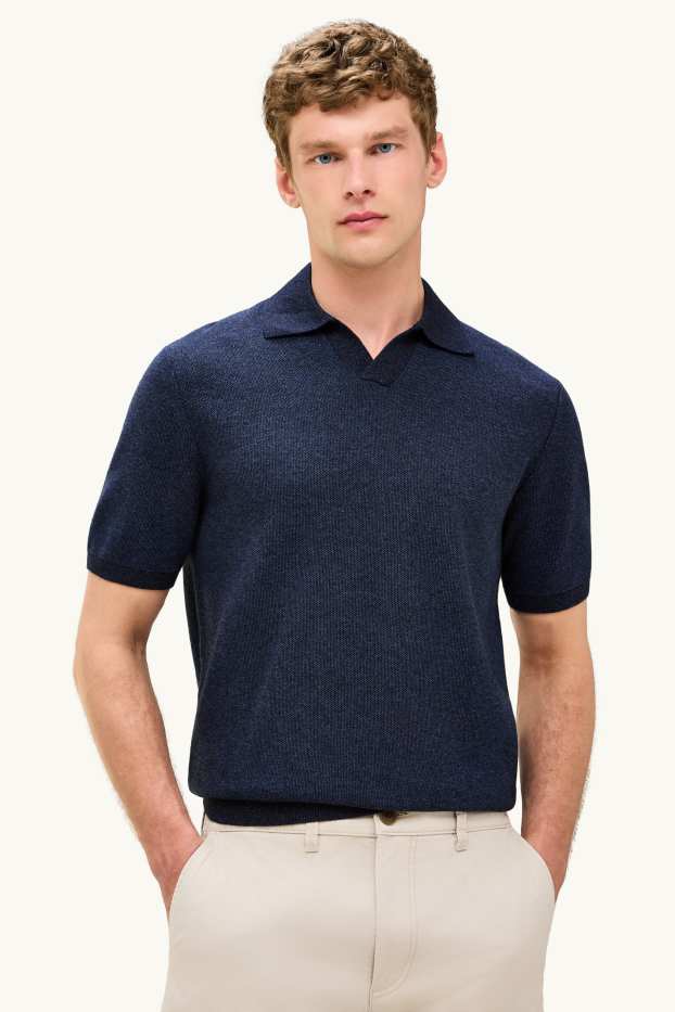 Heren - Gebreid poloshirt - regular fit - met structuur - donkerblauw