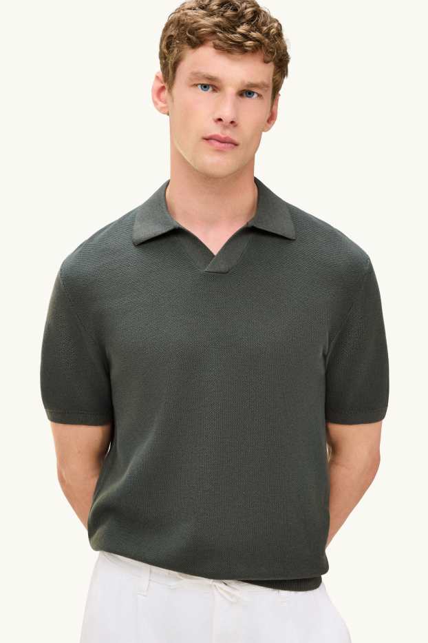 Herren - Strick-Poloshirt - Regular Fit - strukturiert - dunkelgrün