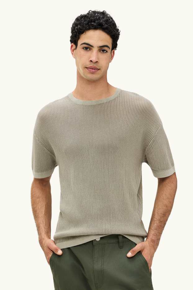 Herren - Strick-T-Shirt - Relaxed Fit - gerippt - grün