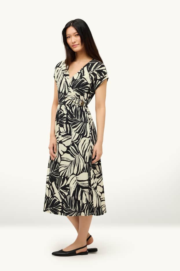 Dames - Fit & flare-jurk met V-hals - met patroon - wit / zwart