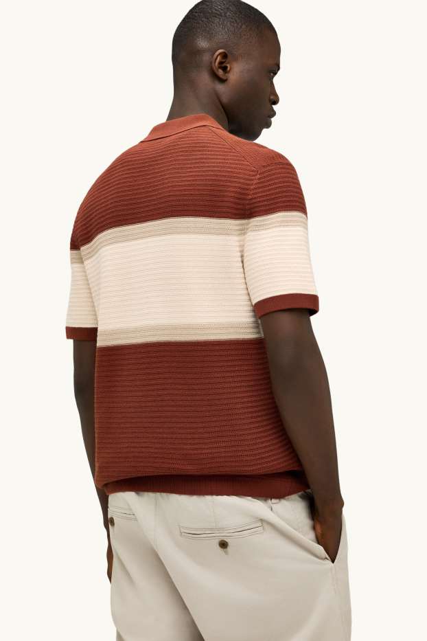 Home - Polo de punt - regular fit - de ratlles - texturat - vermell fosc