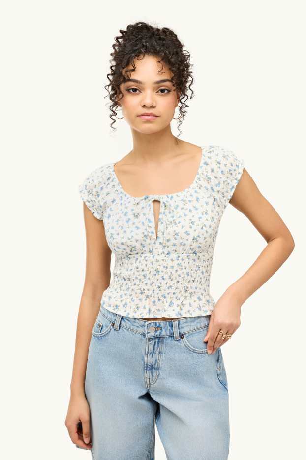 Femmes - Caraco court - à fleurs - smocké - blanc