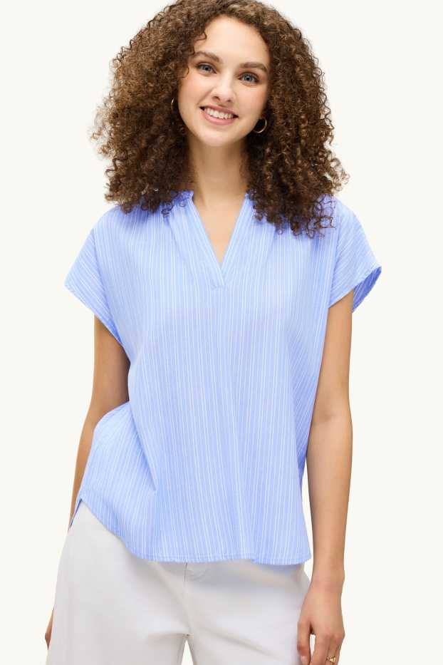 Damen - Bluse mit V-Ausschnitt - gestreift - hellblau
