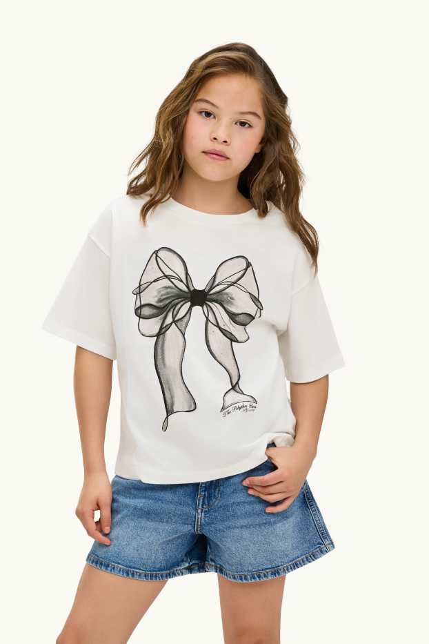 Kinder Mädchen - Schleife - Kurzarmshirt mit Strasssteinen - weiß