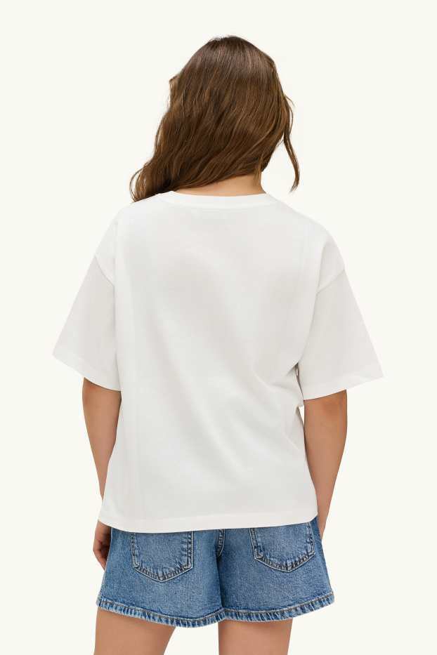 Kinder Mädchen - Schleife - Kurzarmshirt mit Strasssteinen - weiß