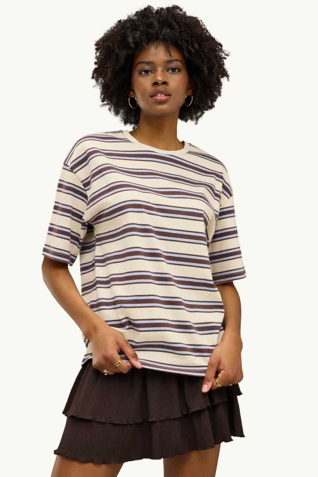 Women - T-shirt - oversized - striped - brown / cremewhite