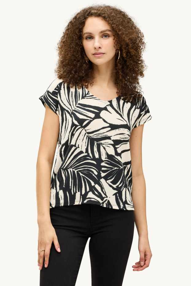 Dámské - Tričko s výstřihem ve tvaru V - regular fit - se vzorem - černá