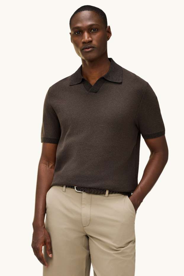 Pánské - Pletená polokošile - regular fit - strukturovaná - hnědá