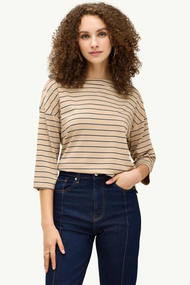 Femei - Tricou cu mânecă lungă - regular fit - cu dungi - bej