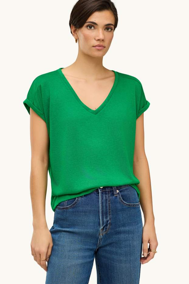 Dámské - Tričko s výstřihem ve tvaru V - relaxed fit - zelená