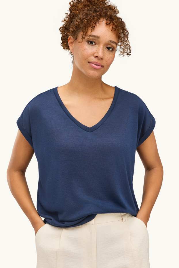 Dámské - Tričko s výstřihem ve tvaru V - relaxed fit - tmavomodrá